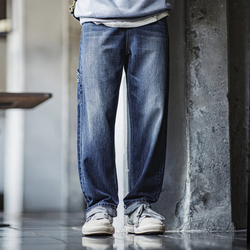 Retro Blue Logging Jeans Washed Denim Loose Cotton Non-elastic Waist Trousers for Men's Daily